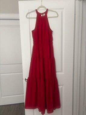 Red Halter Maxi Dress - Sleeveless Tiered Evening Gown